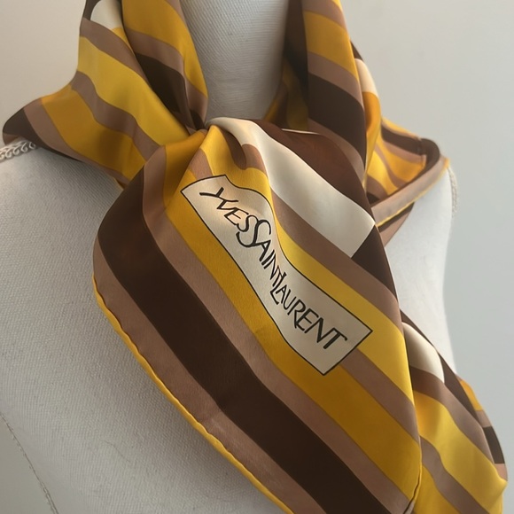 YSL Yves Saint Laurent Yellow Striped Scarf 30”x30” - Picture 9 of 11